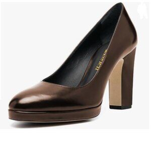 miss left Brown Platform Almond Toe Pumps Classic Slip On Chunky High Heel Shoes